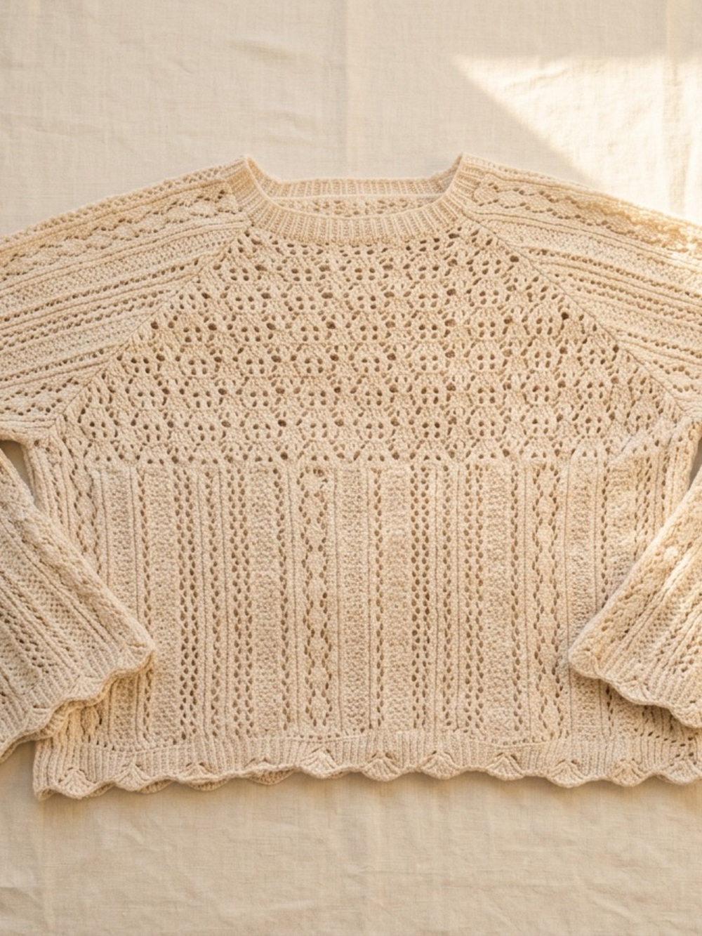Relaxed Cream Openwork Crew-Neck Sweater